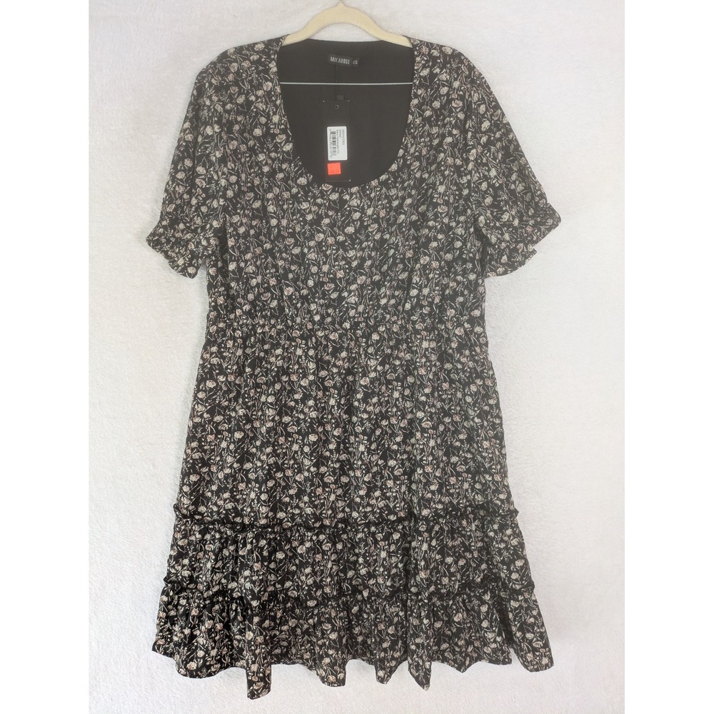 NEW Mikarose Dress Women's XXL Black Renee Hydrangea Floral Ruffle Hem Pockets